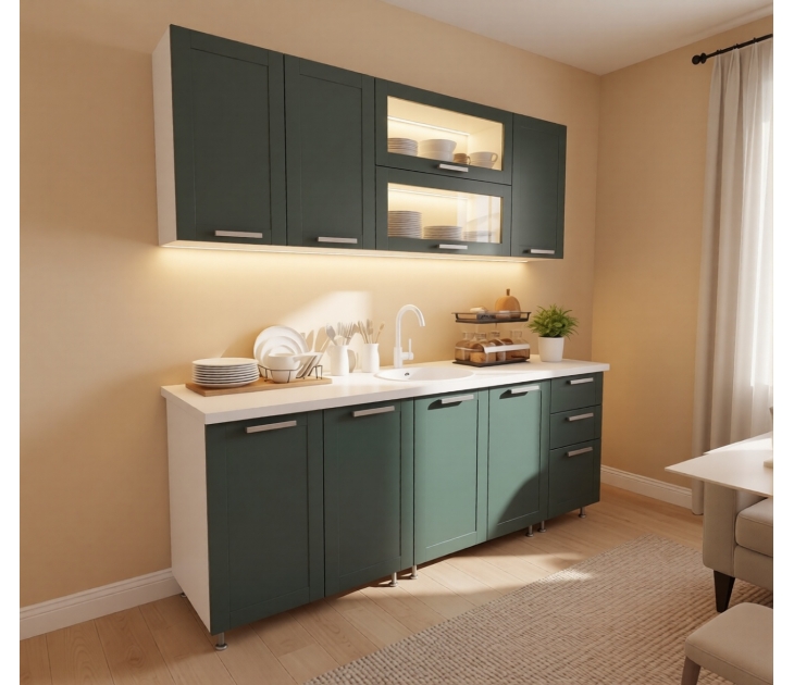 Кухня Валенсия NEW 2,0 м, ЛДСП Белый, МДФ Моно грин (МС груп), УД-К, 00050617